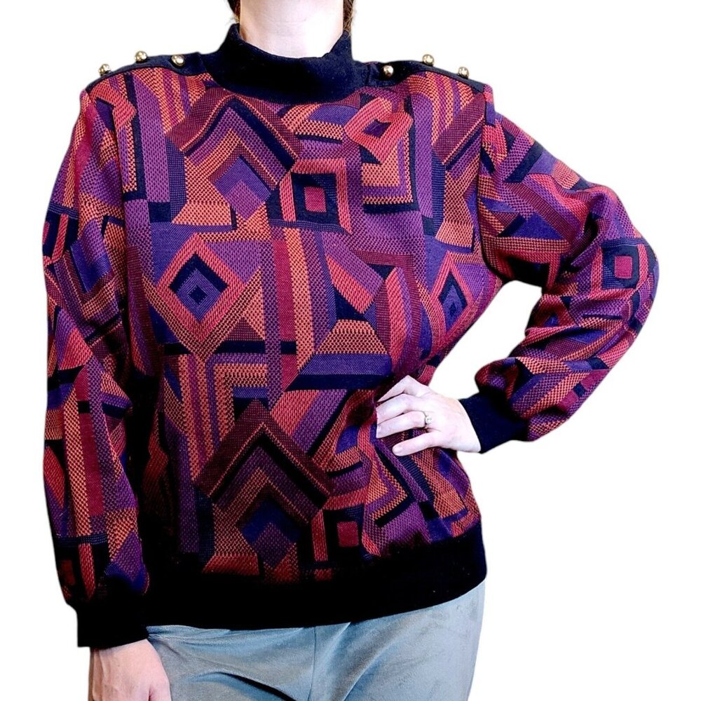 Vintage 80s Womens M Geometric Sweater Mockneck Psychedelic Orange Purple Retro